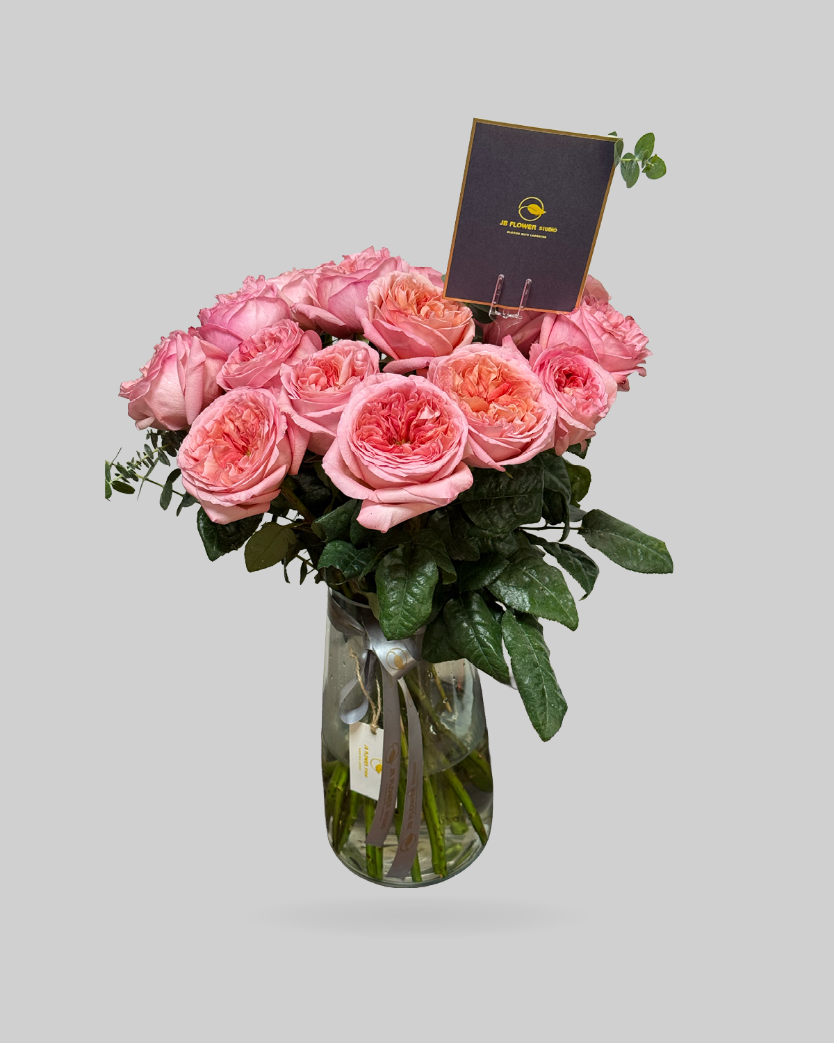 Coral and Pink Garden Rose Glass Vase Arrangement