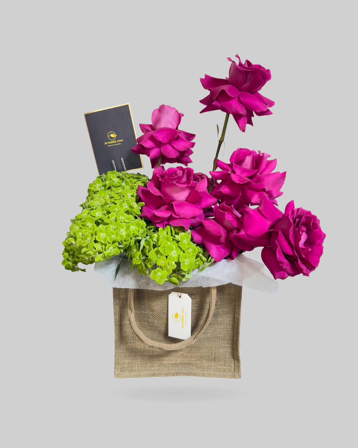 Purple Rose and Green Hydrangea Jute Bag Arrangement