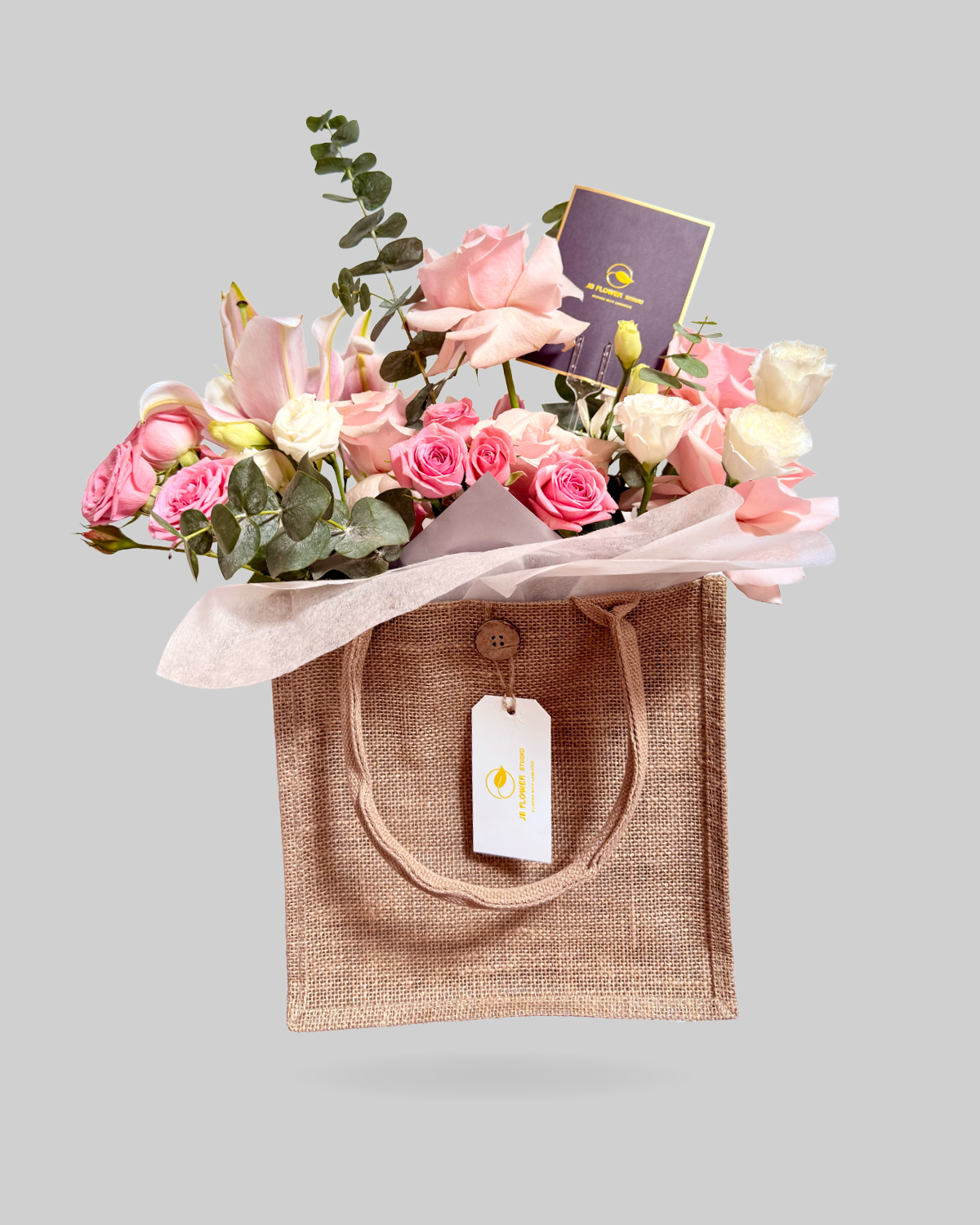 Sweet Mixed Pink Rose Jute Bag Size