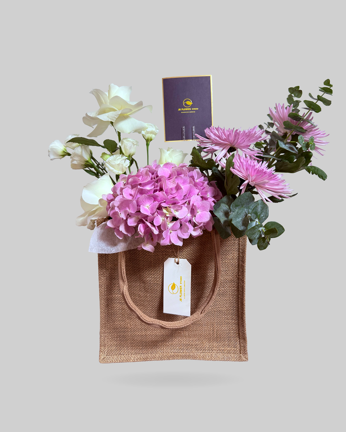 Blush Pink Hydrangea and Chrysanthemum Jute Bag Size