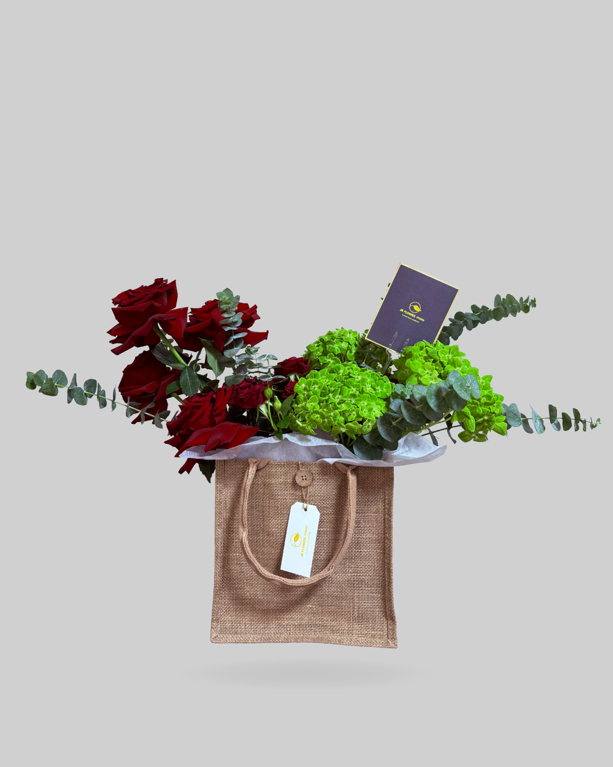 Passionate Red Rose and Green Hydrangea Jute Bag Arrangement