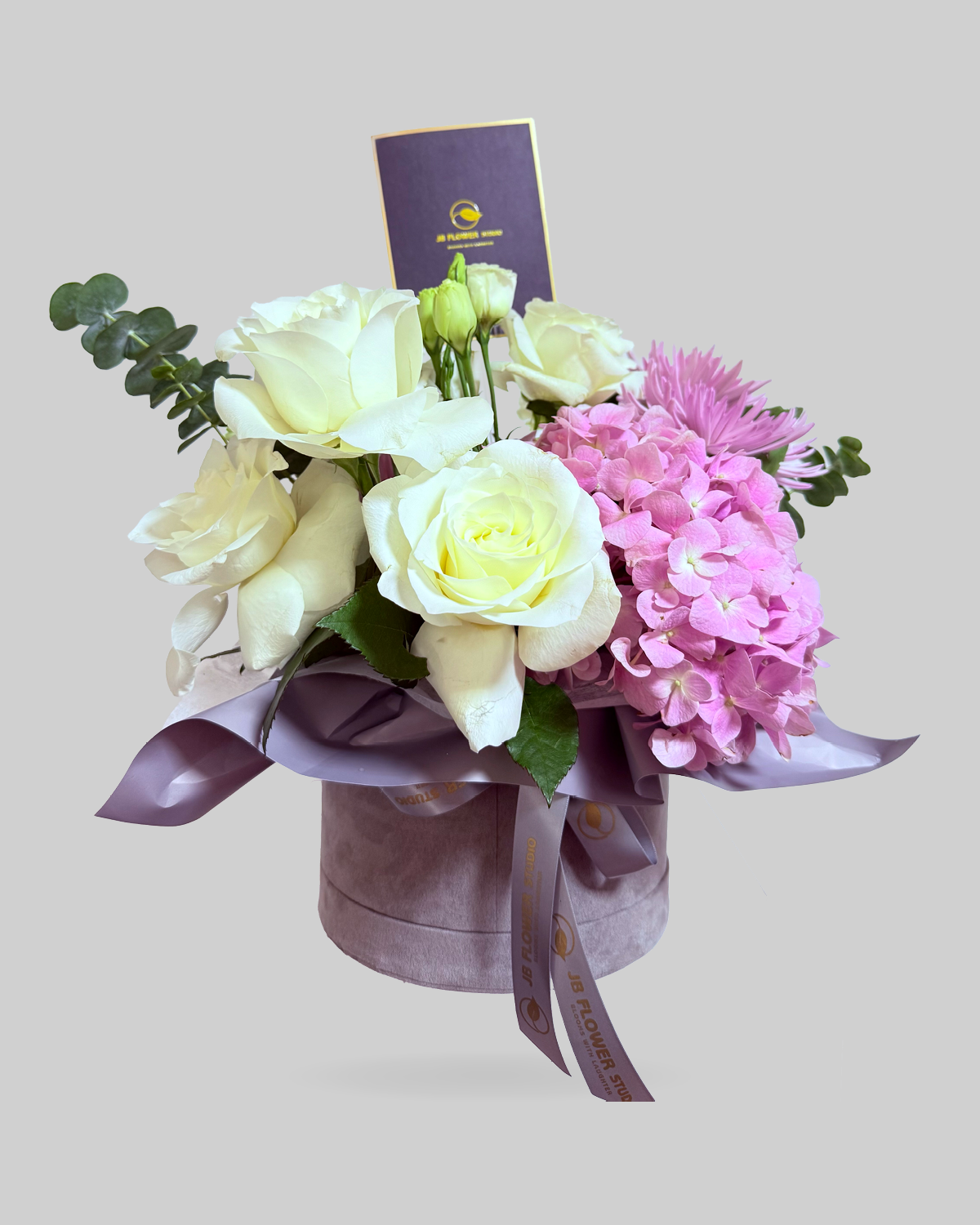 Graceful White Rose and Pink Hydrangea Round Box Arrangement