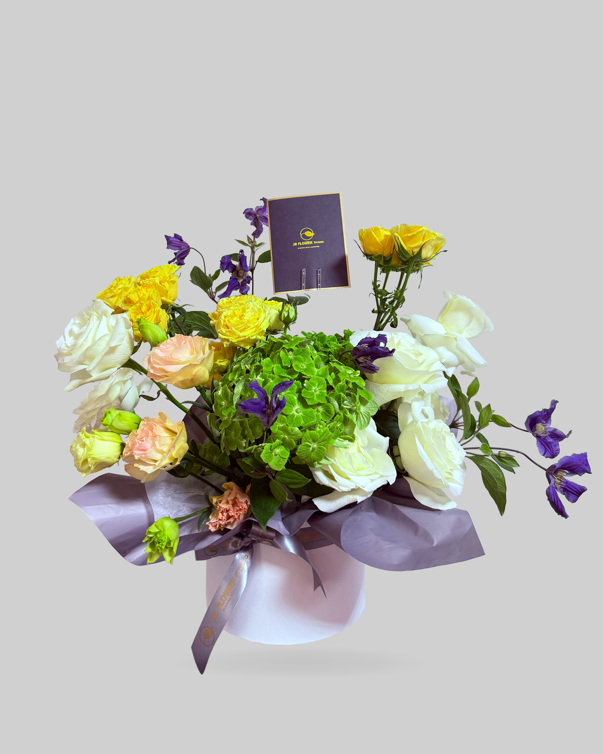 Bold White, Yellow, and Green Floral Round Box Arrangement