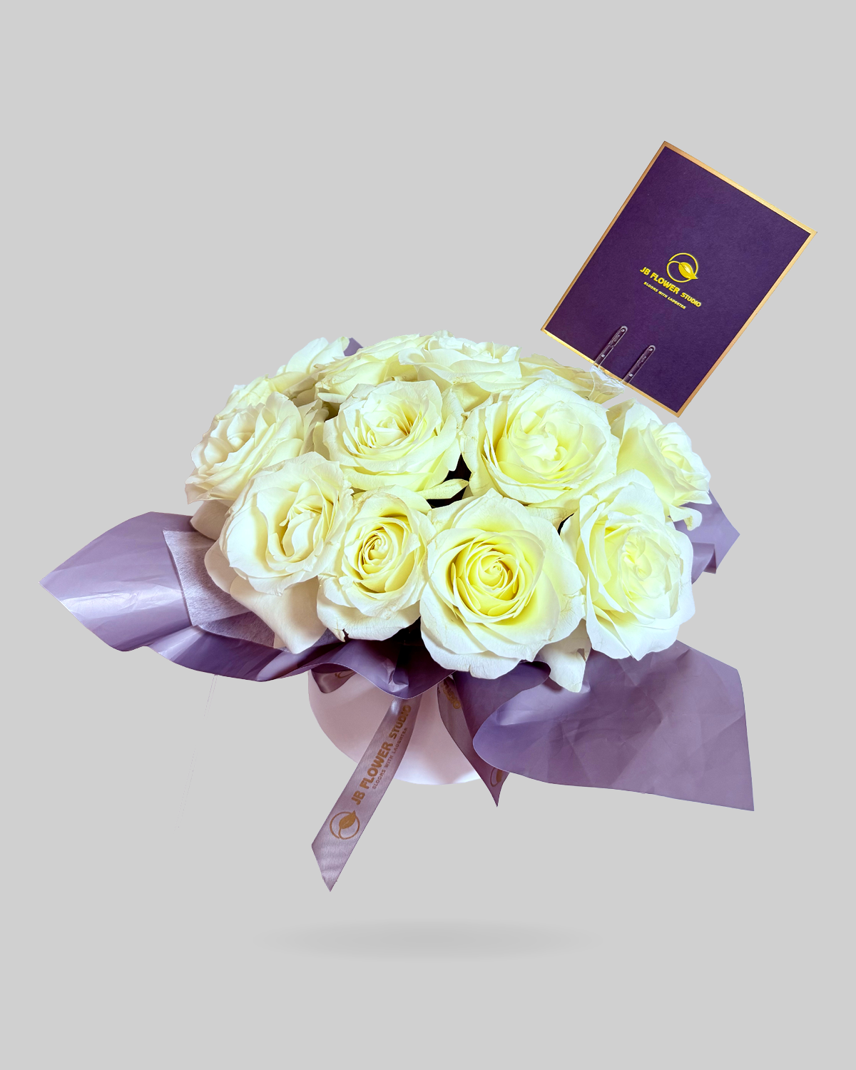 Graceful White Rose Round Box Arrangement
