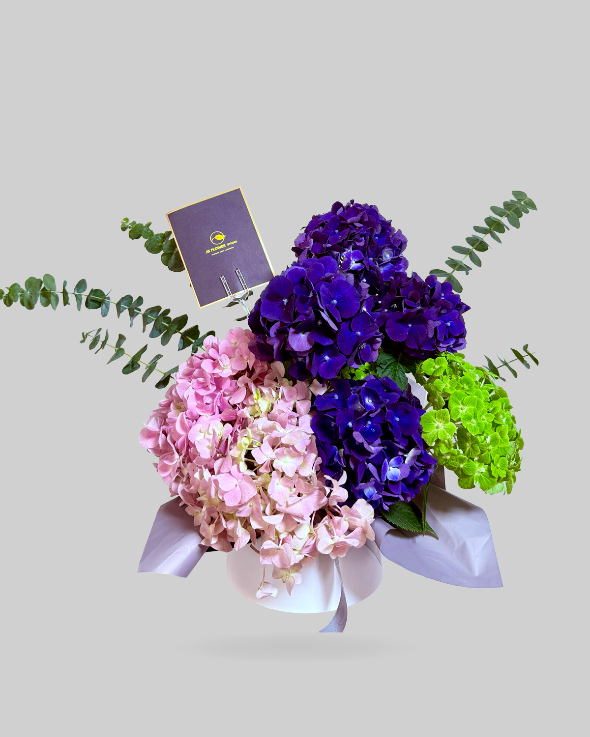Colorful Hydrangea Trio Round Box Arrangement